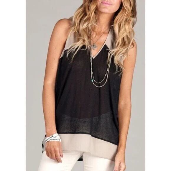 Helmut Lang Dropah Linen Blend Sleeveless Colorblock Tunic Top Size P / S Black - Picture 3 of 10